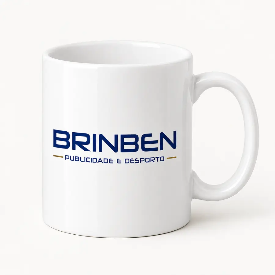 Caneca de cerâmica totalmente branca de 350 ml personalizada com o logótipo BRINBEN